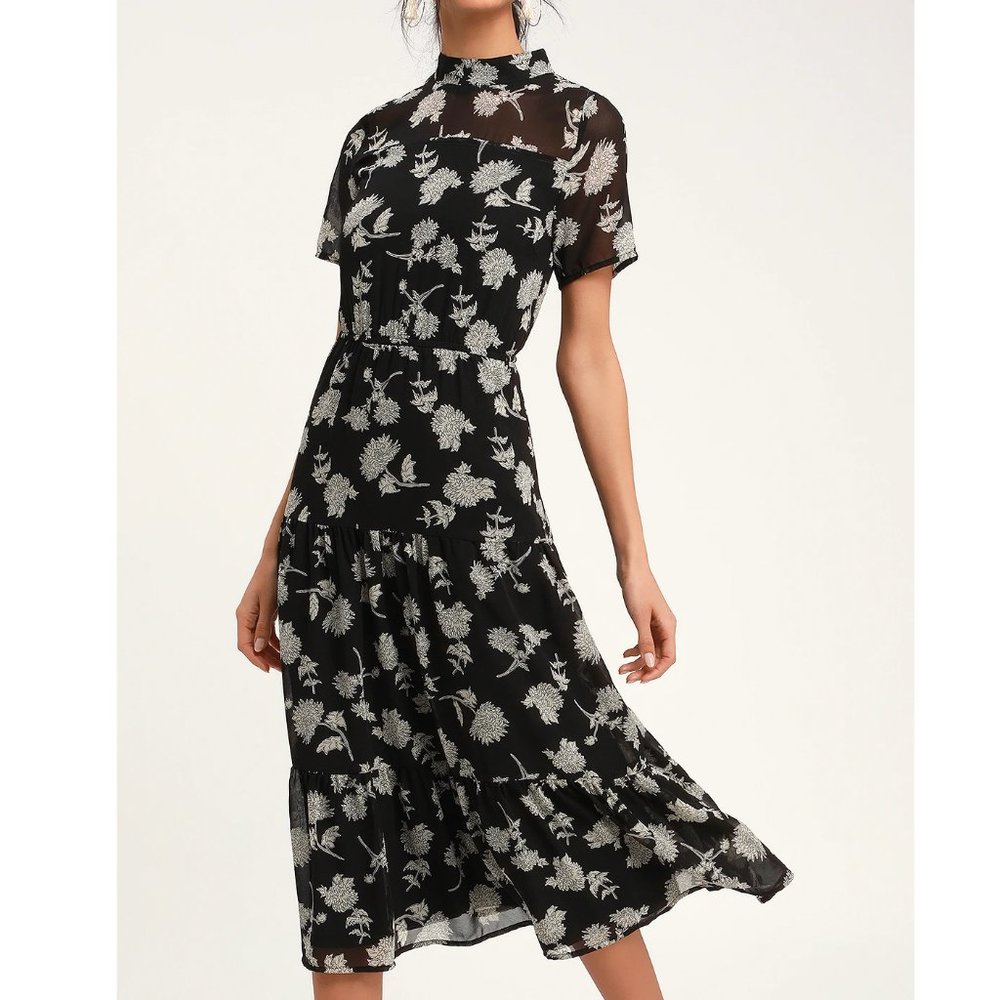 Lulu's Floral Dressed Up Black Floral Print Midi Dress XL